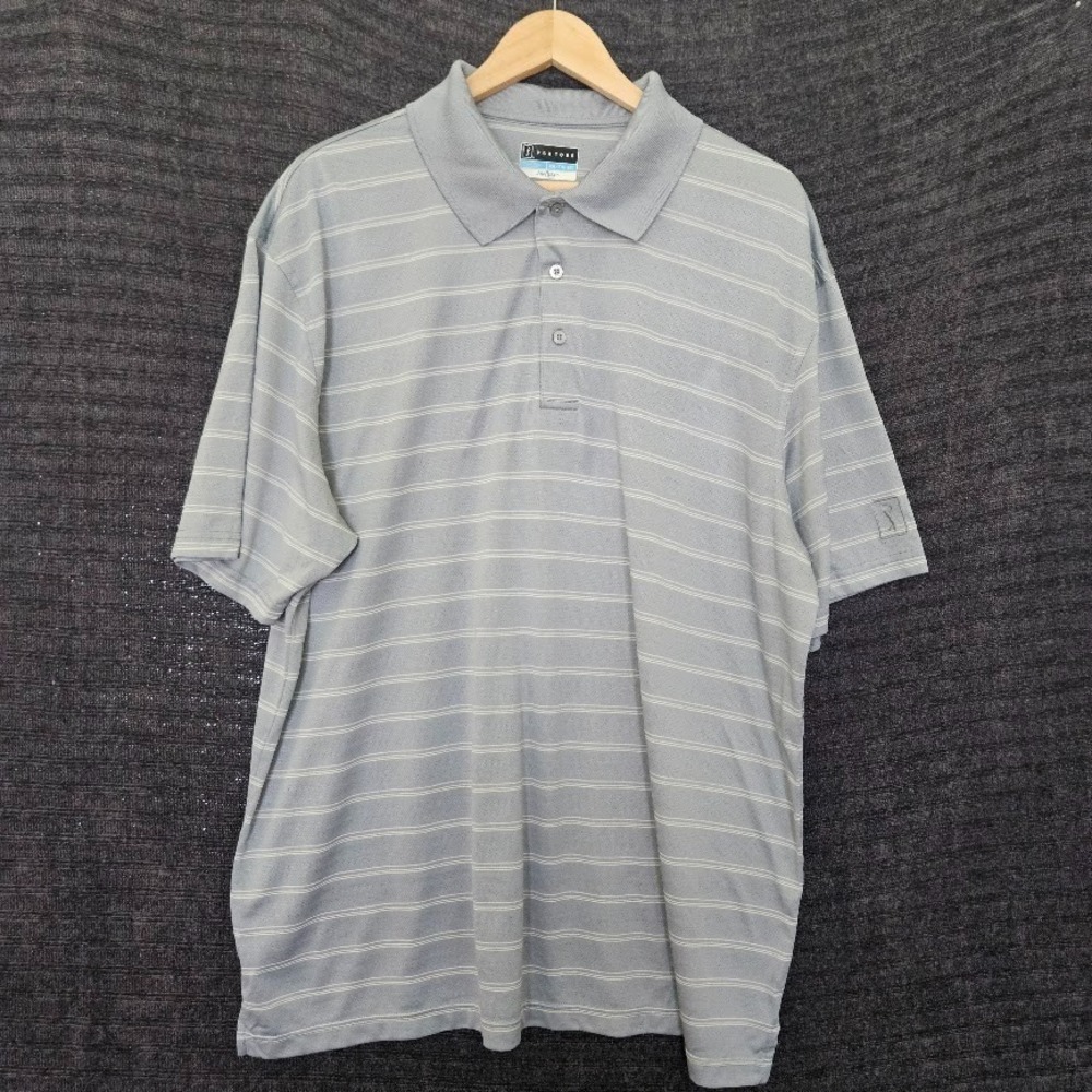 Men's Short Sleeve Golf Polo PGA Tour Airflux Sz-2XL Gray/White Striped Preppy